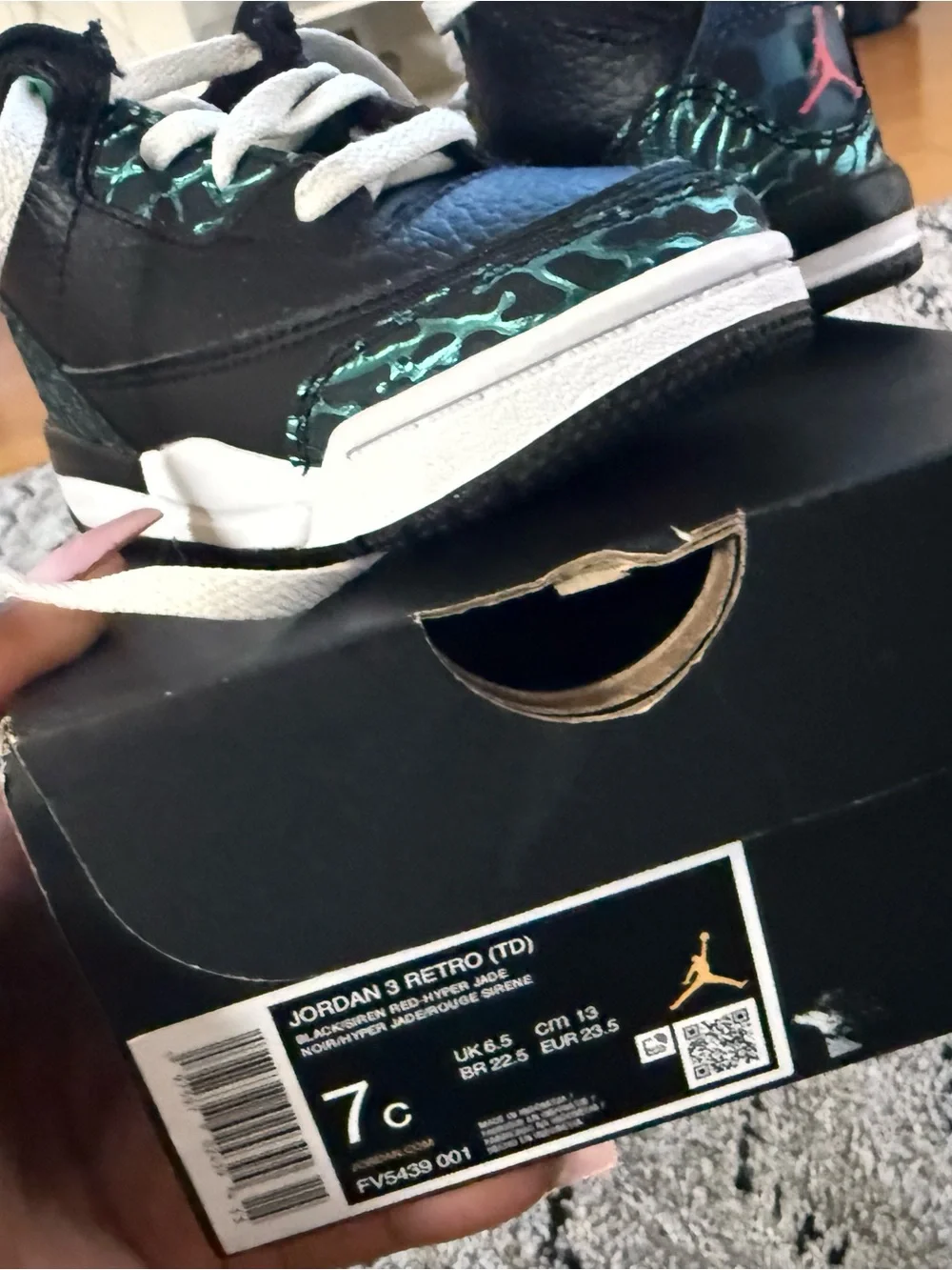Jordan Kids Black with Teal Marble Accent Sneakers